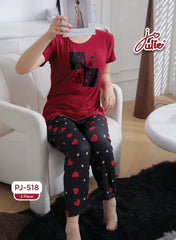 Women’s 2-Piece Crimson Red Pajama Set – Heart & Polka Dot Trousers Sleepwear