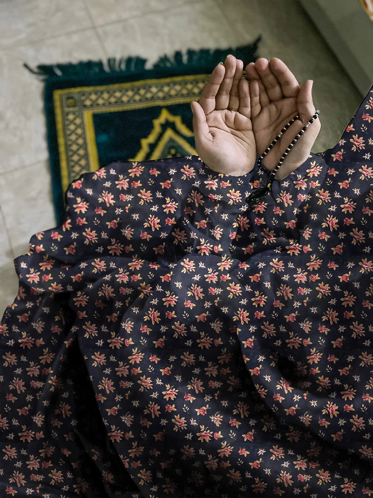 Namaz Chaddar With Sleeves  - Black Rose